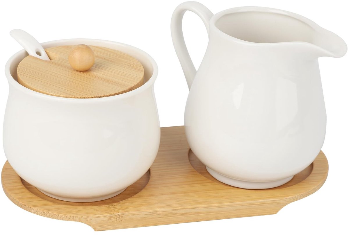 Dailygoods- Melkset Hoogwaardig Keramiek - Melkkannetje - Suikerpot met Deksel - Slagroomkan - Magnetronbestendig - Onderhoudsvriendelijk - Melkkan