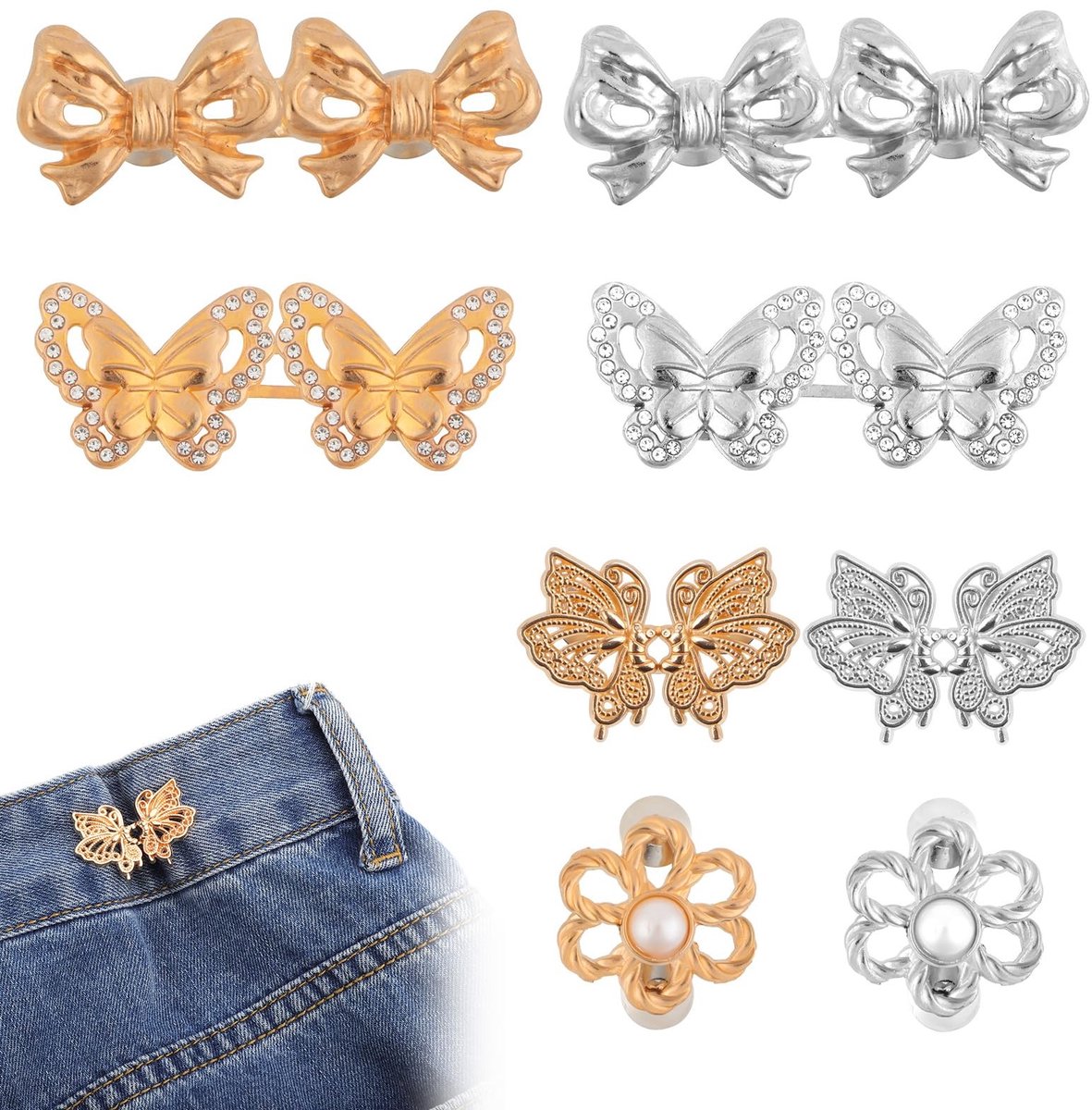 Dailygoods- Tailleclip Verstelbaar - 8 Sets Broek Tailleversteviger - Goud/Zilver - Herbruikbare Taille Cincher - Geen Naaien - Geschikt voor Jurken/Rokken - Broektailleversteviger