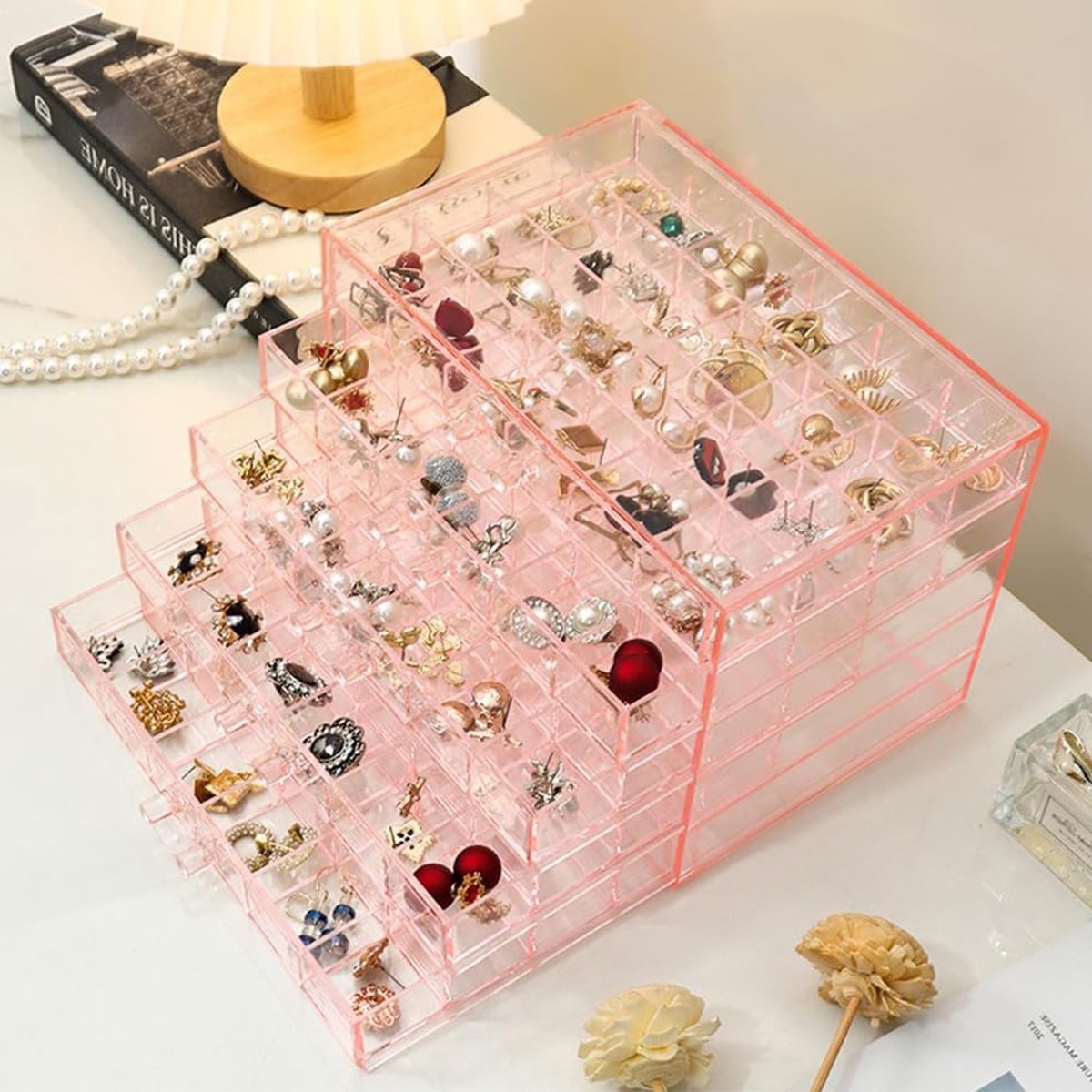 Dailygoods- Oorbel Opbergdoos - Transparante Sieraden Organizer - 5 Laden - 120 Compartimenten - Handgrepen - Bescherming tegen stof - Sieradendoos