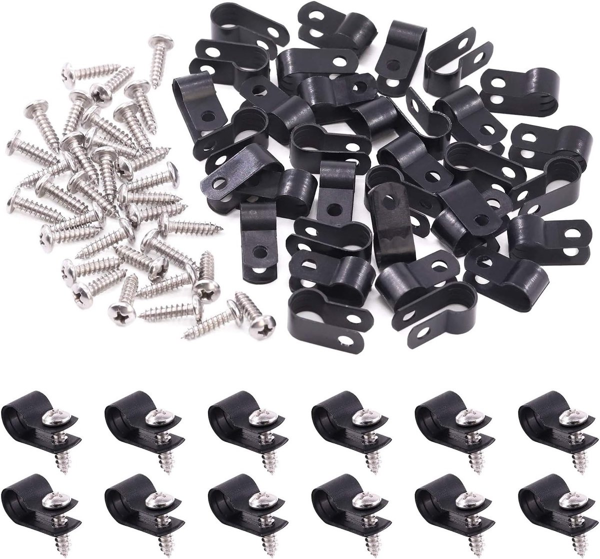 120 Stuks Zwarte 5/16 Inch Nylon Plastic R Type Kabelclips Set, Inclusief Schroeven voor Efficiënte Draadbeheersing en Organisatie