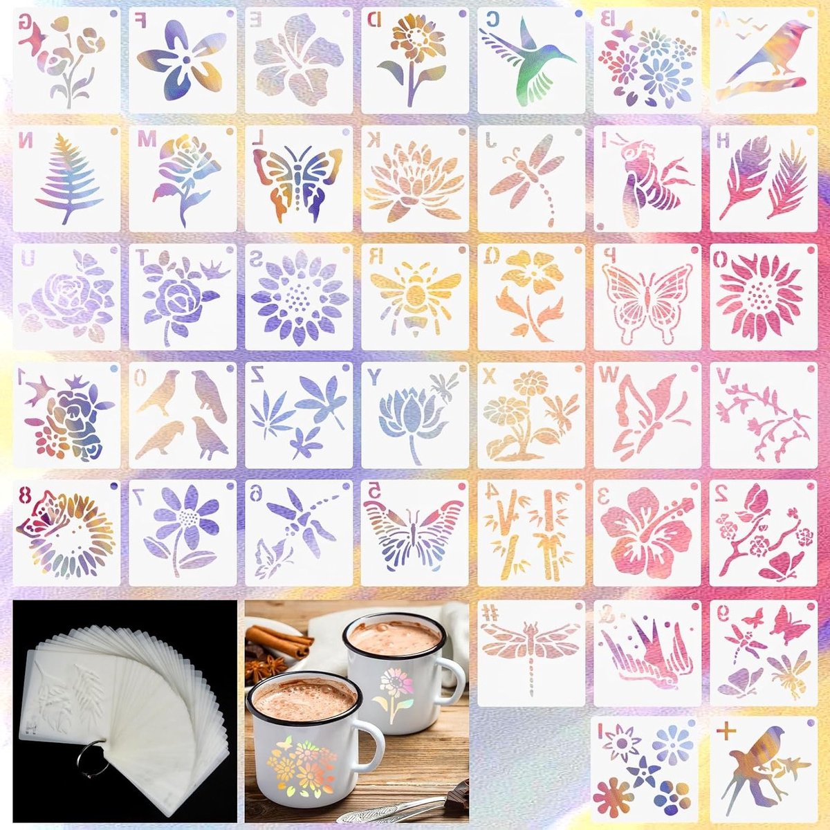 Set van 40 Herbruikbare Textielontwerp Sjablonen voor Kinderen met Dieren en Planten - 3 x 3 Inch DIY Schilderen en Knutselen voor Creatieve Activiteiten