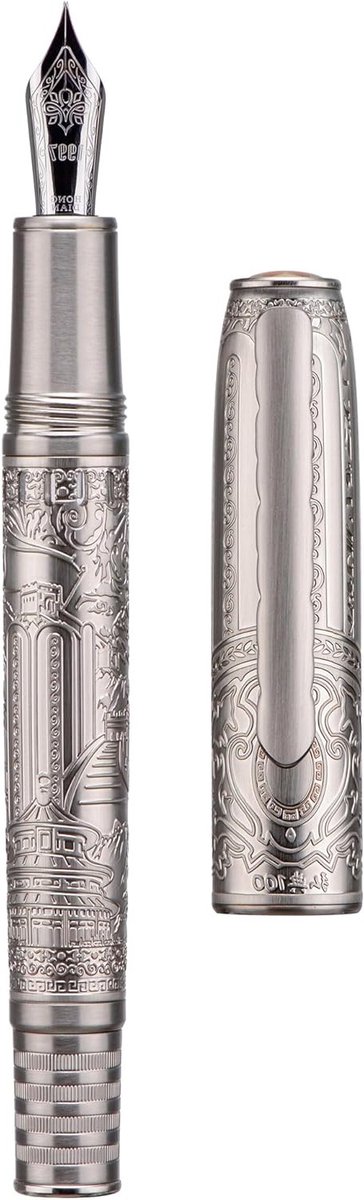 Piston Vulpen van Hoogwaardige Kwaliteit, Zilver Staal, Medium Iridium Nib, Perfect voor Calligrafie en Dagelijks Gebruik met Pennenhouder Set