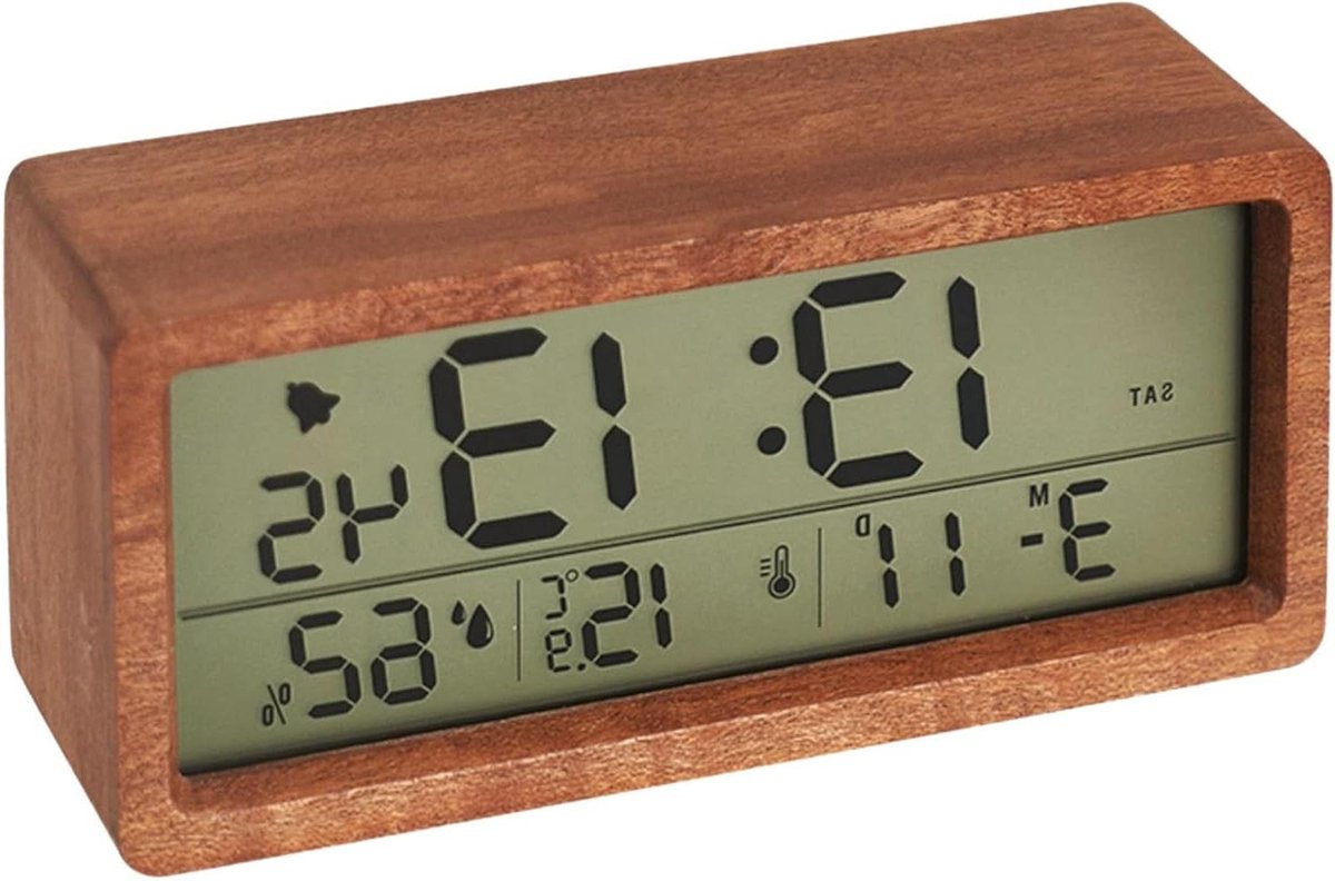Digitale Houten Wekker - Nachtkastje Klok - Kamertemperatuur Monitoren - Grote LCD Display - 165 mm Breed - Bruin