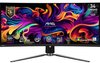 Gebogen 34 inch gaming monitor met felgekleurd abstract behang, MAG logo en specificaties.