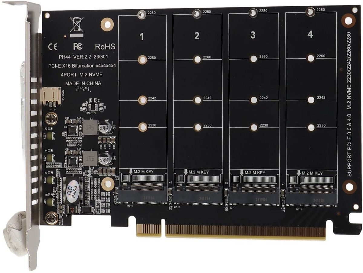 Dailygoods - 4-Poorts M.2 NVME SSD Adapter PCIe X16 voor Gaming