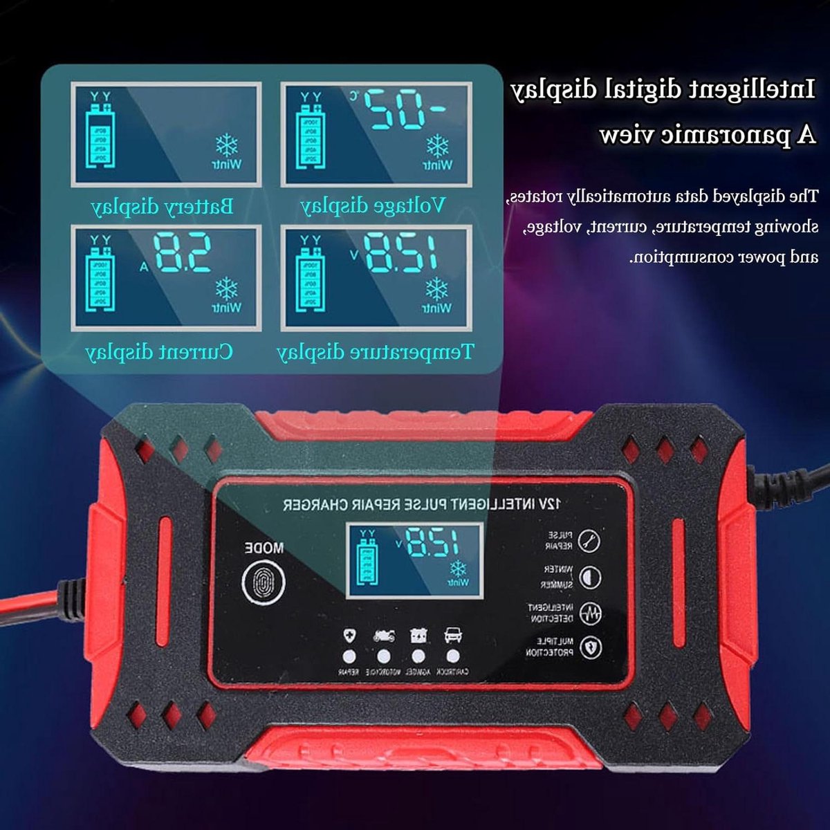 Motoraccu Lader - Druppellader Onderhouder - Accu Onderhoud - Intelligente Display - 12V - Geel