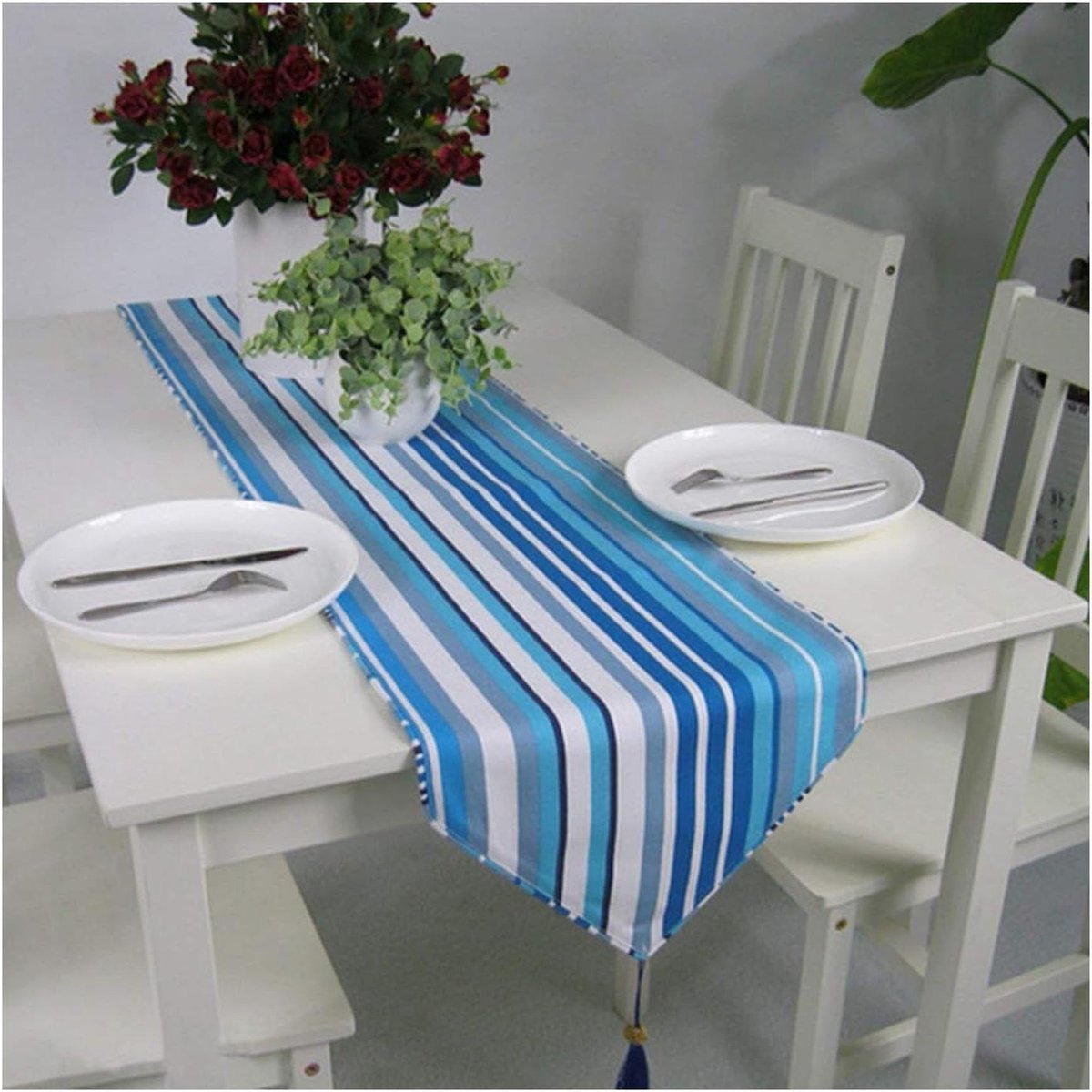 Tafelloper - Eetkamer Runner - Decoratie Tafel - Met Kwastjes - 32x220cm - Blauw Wit