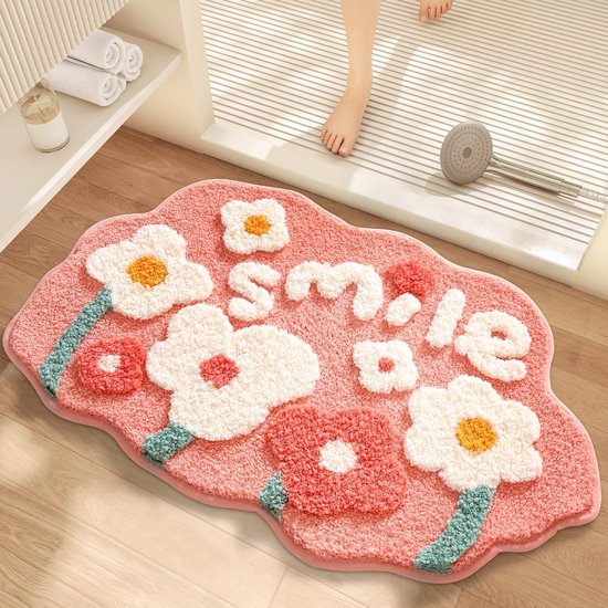 OLOEY Bloemenbadmat-Leuke-grappige-roze badkamermat met getextureerd bloemen-en plantenmotief-Pluche zacht-zeer absorberend-antislip en machinewasbaar-Geschikt voor bij de douche-het bad of als deurmat-45x70cm