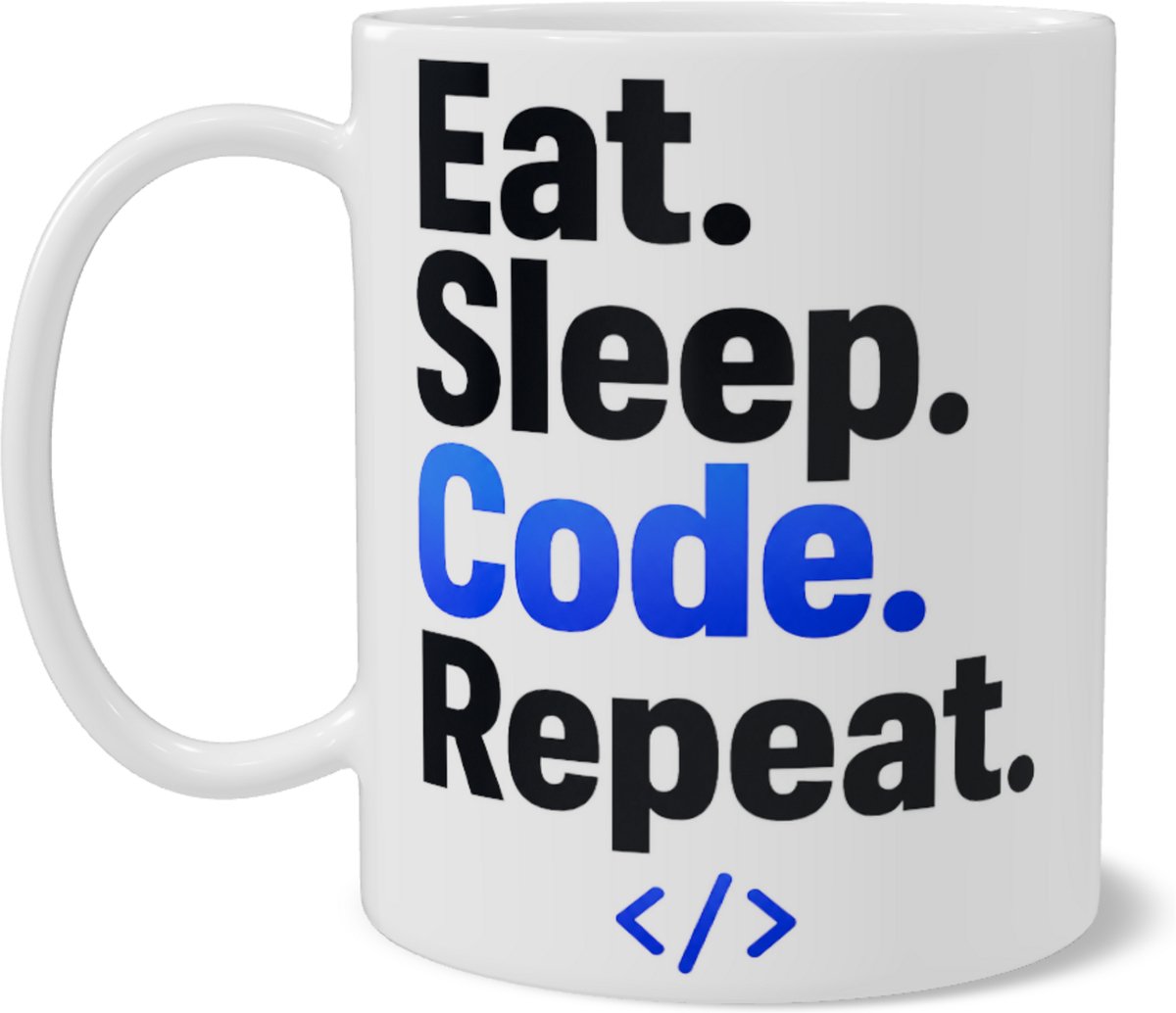 Grappige Programmeur Mok - Eat. Sleep. Code. Repeat. - Koffiemok Cadeau Software Developer & Webdeveloper - Wit - Dubbelzijdig Bedrukt