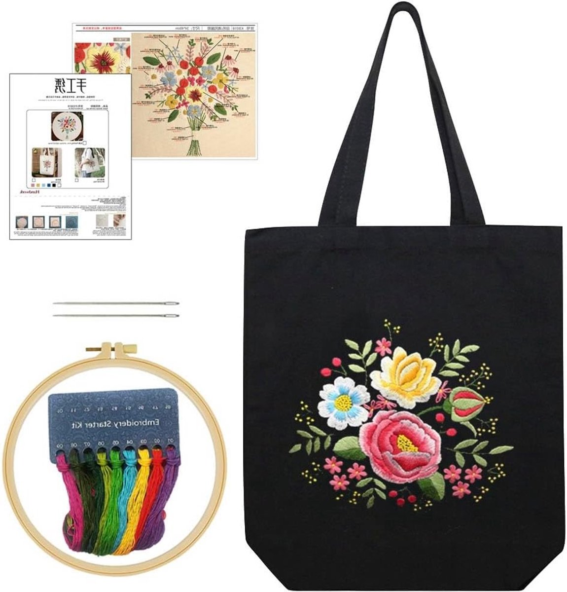 Canvas Tote Bag Borduurset voor Beginners, DIY Kunst Ambacht Borduur Starter Kit met Gestempelde Borduurtas, Draad en Borduurtools (Zwarte Tas met Bloemen)