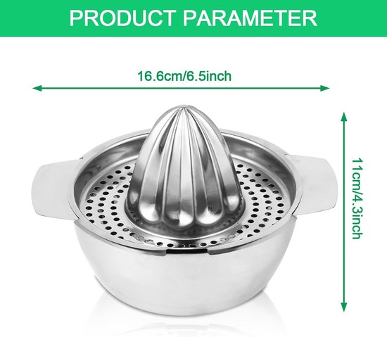 Handmatige citruspers van roestvrij staal, handcitruspers, diameter 13,8 cm, vaatwasmachinebestendig, professionele kwaliteit. Handfruitpers geschikt voor citroenen, pompoenen en sinaasappels. — afbeelding 5