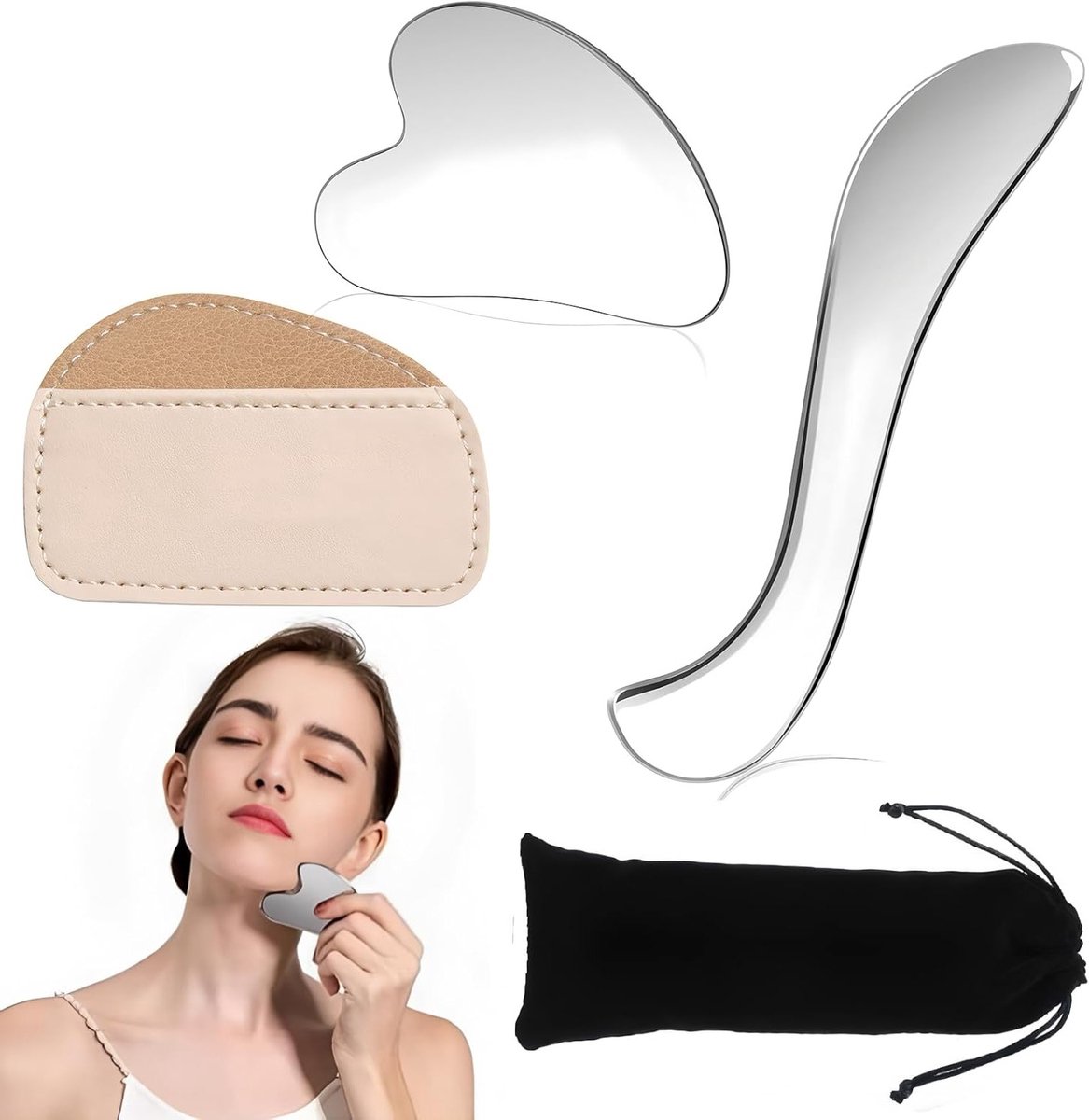 Hartvormig massagegereedschap voor Gua Sha, 2 stuks van roestvrij staal, ideaal voor gezicht, hals en lichaam, zwelling verminderen, gezichtsbehandeling en detox effect