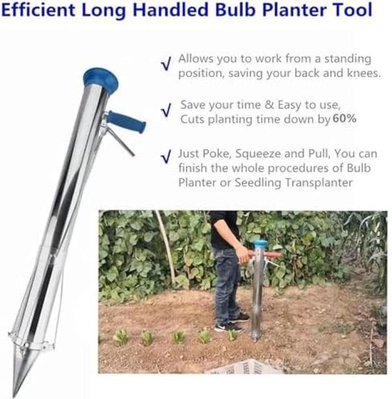 Zaailingenplanter Lange Steel - Planten Tool - Moeiteloos Tuinieren - Roestvrij Staal - 90 cm - Zilver — afbeelding 3