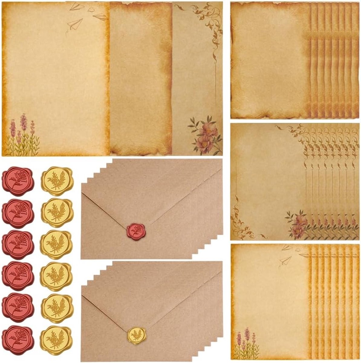Vintage briefpapier en envelopset van 48-delig met liefdesbriefpapier, enveloppen en waszegelstickers voor bruiloften en verjaardagen, perfect voor persoonlijke brieven en uitnodigingen