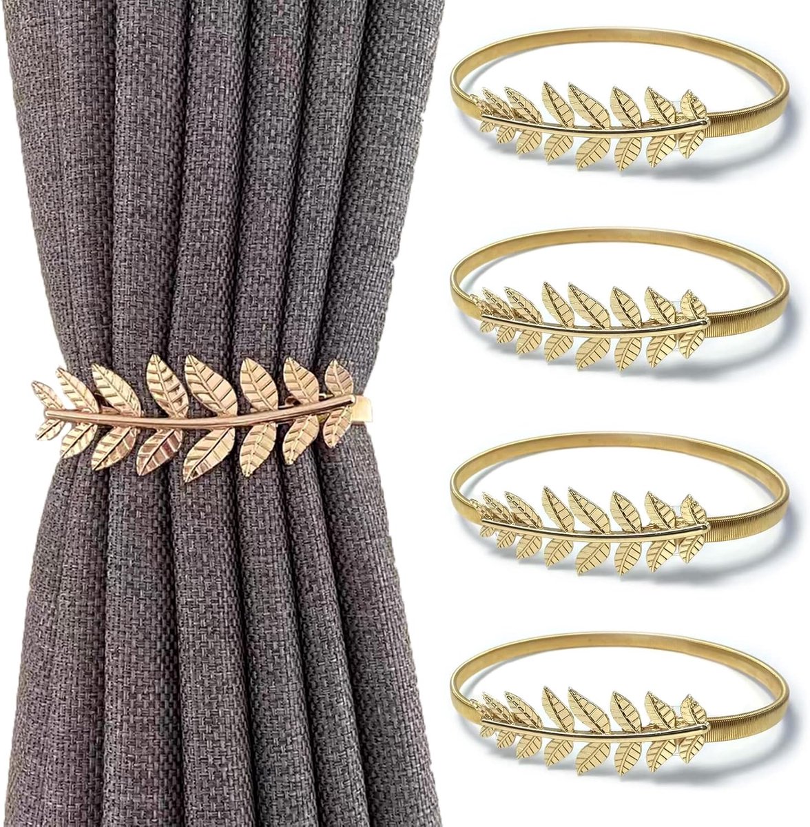 Set van 4 verstelbare gordijnbinders met goudkleurige accenten, elastisch gordijnband van legering, veersluitingen met bladmotief en clips; geschikt voor het decoreren van slaapkamerramen.