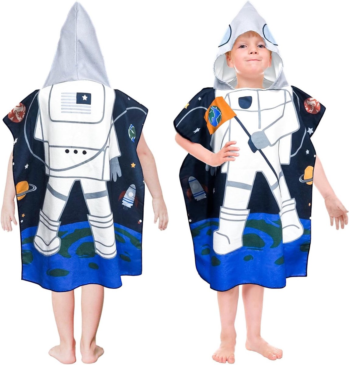 Zomerse Badhanddoek met Kap voor Kinderen - Poncho Handdoek van Microvezel voor Zwemmen en Strand, Geschikt voor Jongens en Meisjes van 3-16 Jaar (Astronaut, 75x180cm)