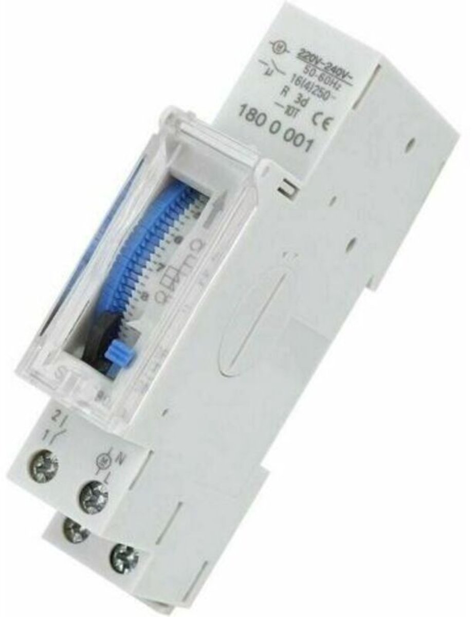 Mechanische programmeerbare tijdschakelaar – timer van 15 minuten tot 24 uur – stroomsterkte 16 ampère – wisselspanning 220-240 volt – DIN-railmontage –