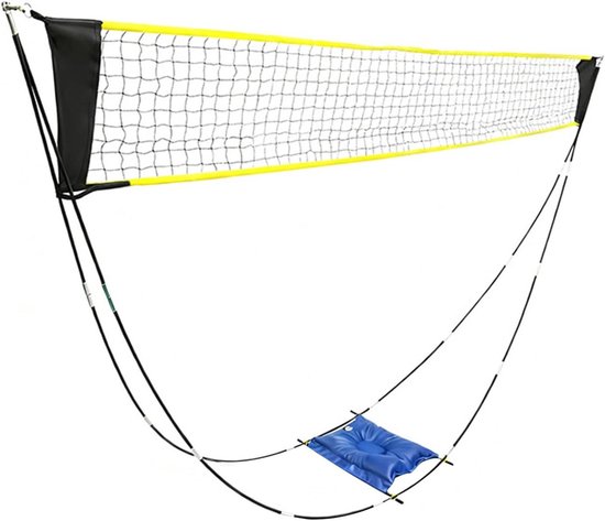Opvouwbaar zwart-geel volleybalnet met blauwe bodemmat, wit op de achtergrond.