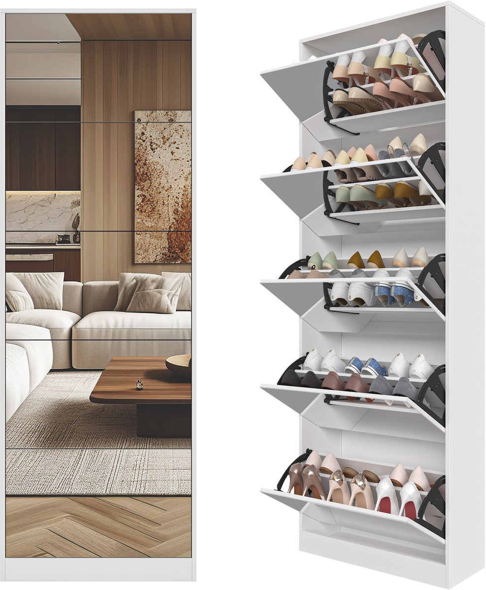 MODFU - Schoenenkast - Met 5 Kleplades En Spiegel - Vrijstaand - Voor De Hal - MDF - Wit - 185 cm