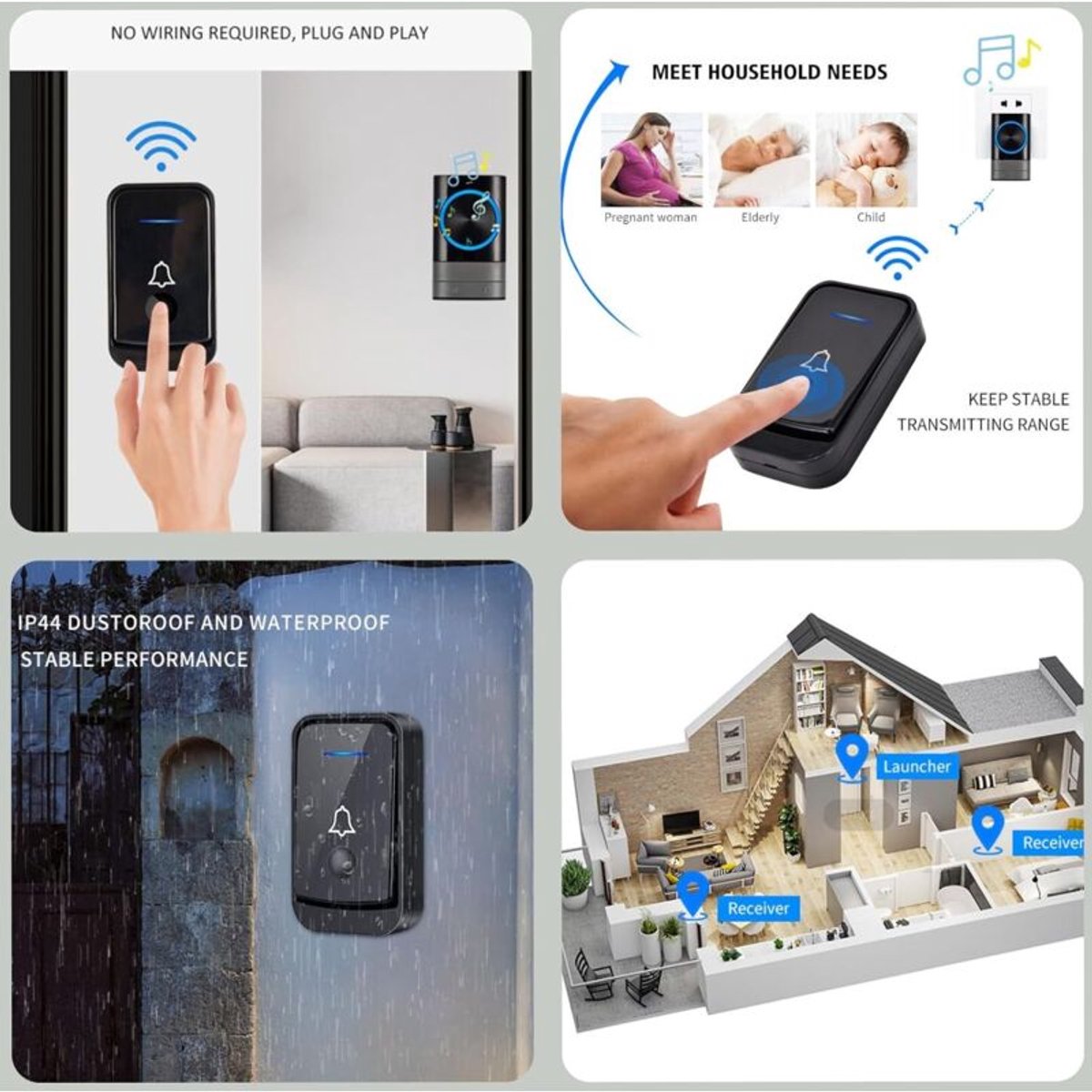 Draadloze deurbel, IP44 waterdicht, buitendeurbelset met stekkerontvanger, geschikt voor thuis en op kantoor (zwart).