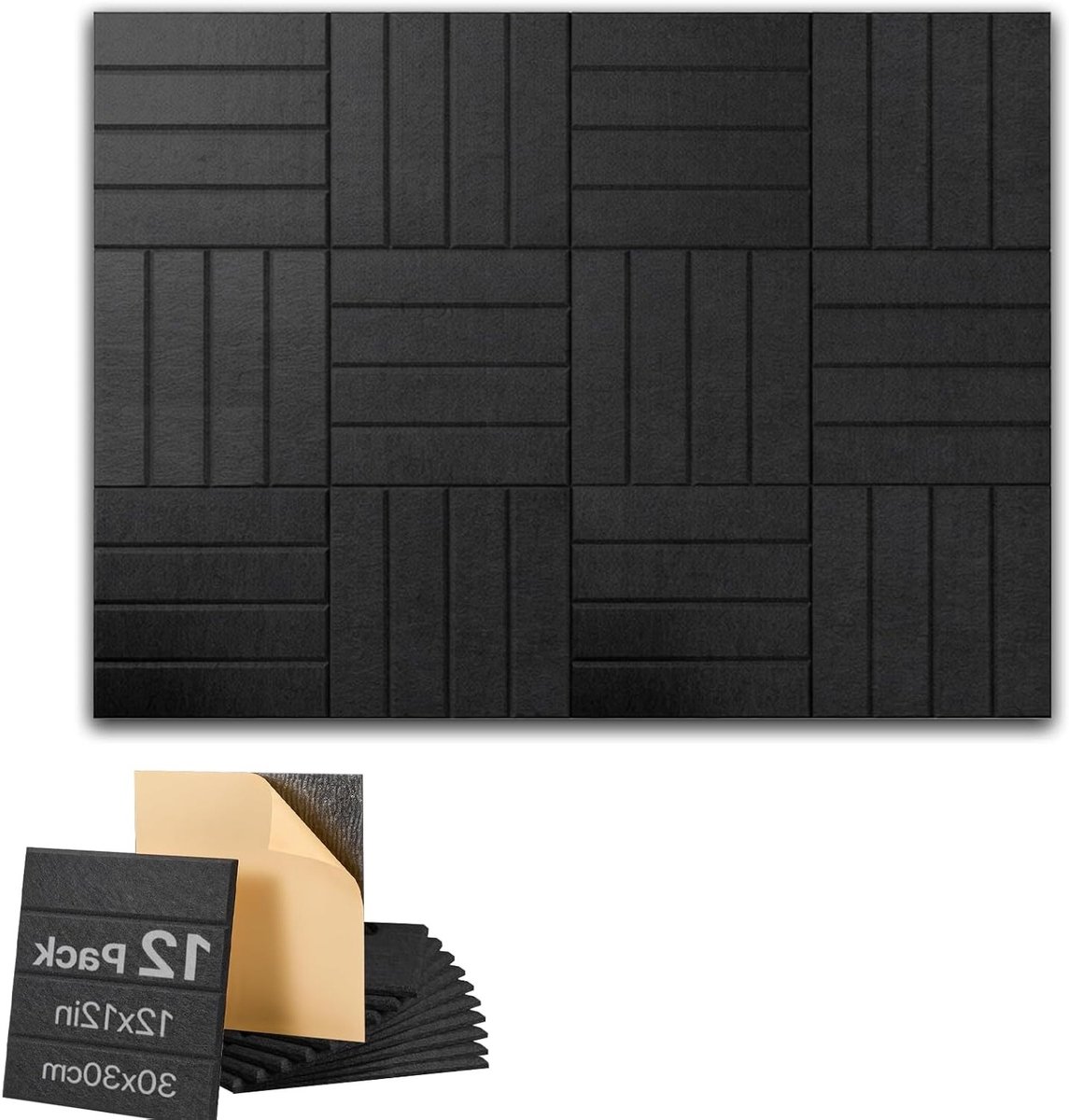 Zelfklevende wandpanelen 30 x 30 cm, geluidsisolatieplaten van polyestervezels voor woonkamer, slaapkamer en kantoor, 12 stuks in zwart