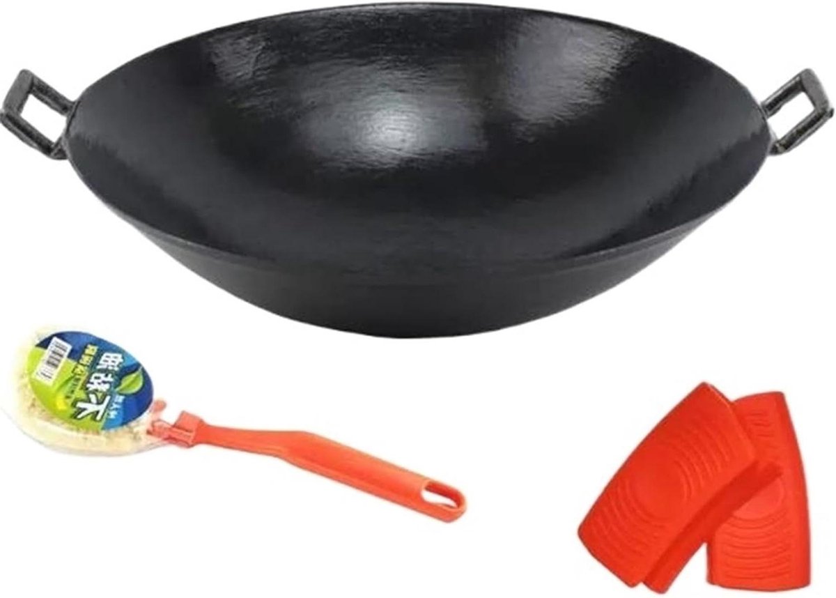 Handgemaakte gietijzeren wok zware Chinese braadpan zonder coating professionele wok voor gasfornuis grill en open vuur hoogwaardige ijzeren wok voor camping en outdoor (70 cm)