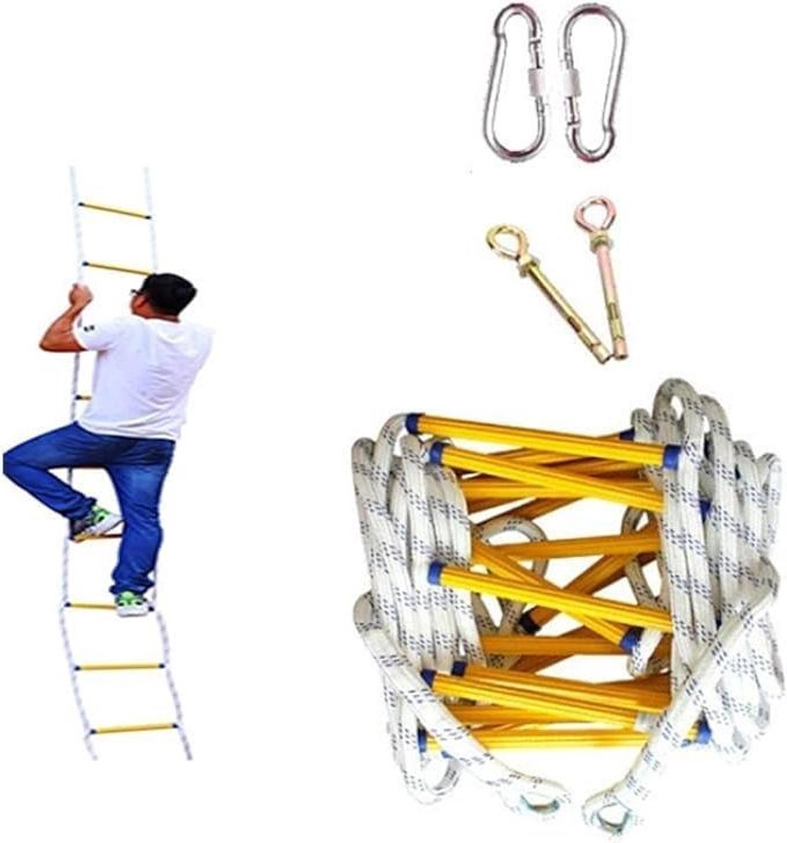 Noodladder - Reddingsladder Touwladder - Veilige Ontsnapping - Draagbaar Opvouwbaar - 8 Meter - Geel