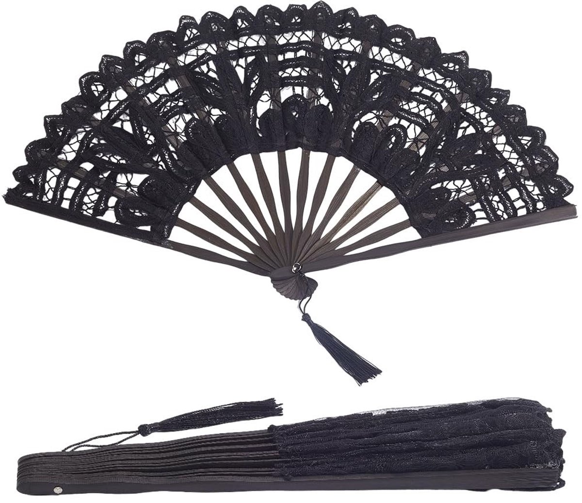 Dailygoods - Zwarte Kant Vouwventilator met Bamboe Staven voor Bruiloftdecoratie