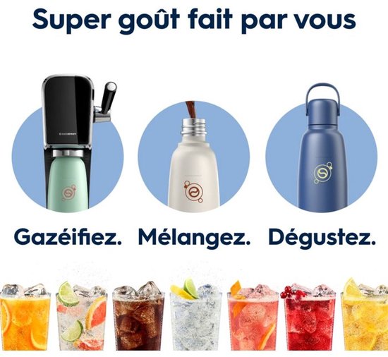 Drie stappen: bruisend maken, mengen, proeven. Met Sodastream, frisdrank maken is eenvoudig. De blauwe fles is hierbij afgebeeld.