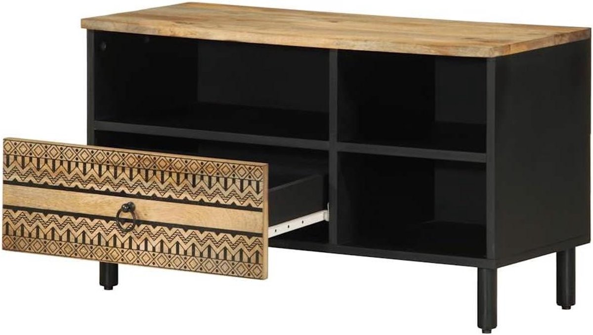 TV-meubel - Dressoir Hout - Media Opslag - Massief Mangohout - 80x335x46 cm - Zwart