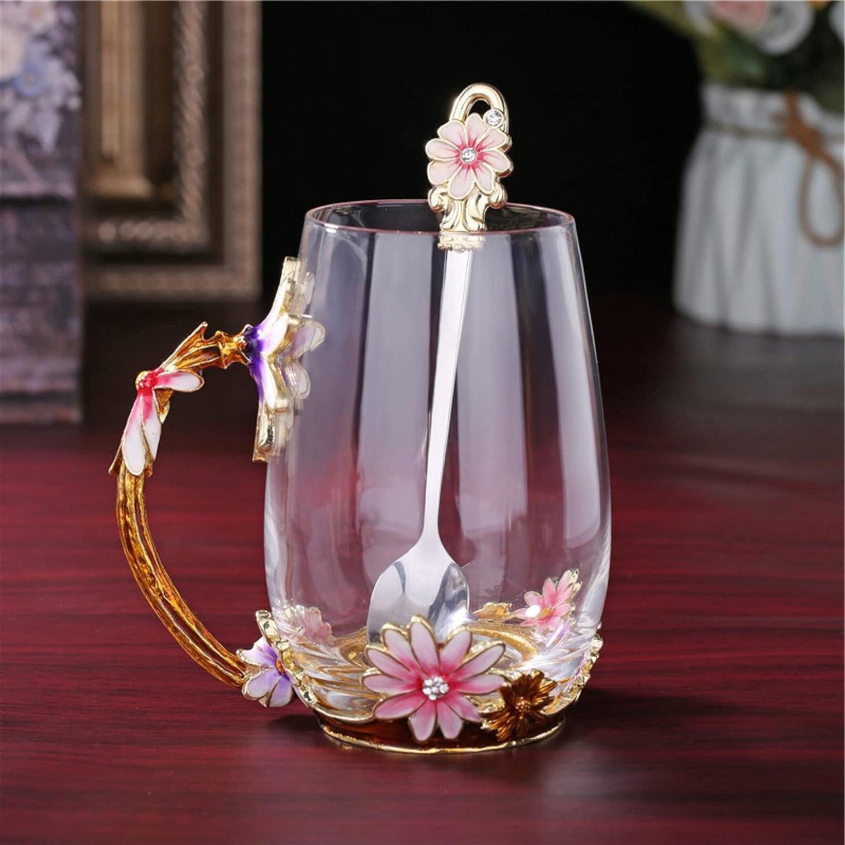 Emaille Mok - Bloemen Glas - Thee Drinken - Handgemaakt Design - 370ml - Roze