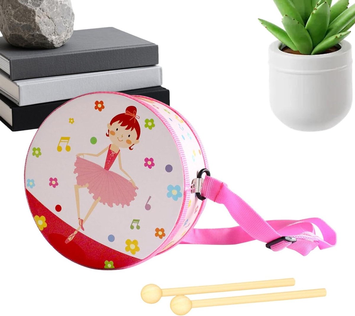 Kindertrommel - Houten percussie - Muziek ontdekken - Verstelbare draagriem - 17 cm - Houtkleur