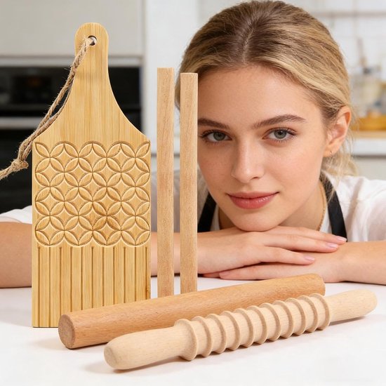 Pastamaker Set - Deegroller Stempel - Verse Pasta Maken - Ergonomische Handgreep - 7 Stuks - Houtkleurig van Pastamaker — afbeelding 2