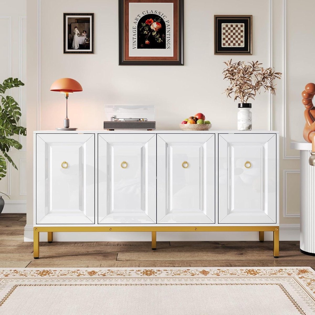 Hoogglans Dressoir - Buffetkast - Woonkamer Opbergen - Gouden Poten - 140 cm - Wit