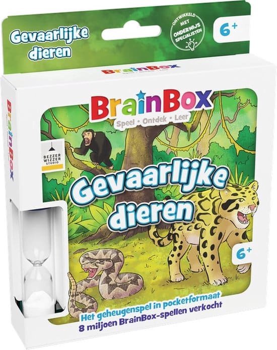 BrainBox Gevaarlijke Dieren pocketspel met illustraties van een luipaard, slang en aap in een jungle. Met zandloper. Leeftijd 6+.