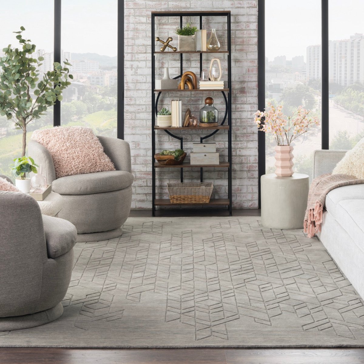 Nourison Alessia Grey ALE01 Vloerkleed - 259 x 351 cm - Grijs,Taupe - Rechthoekig - Wol - Eetkamer, Woonkamer, Slaapkamer - Geometrisch, Effen - Landelijk, Modern