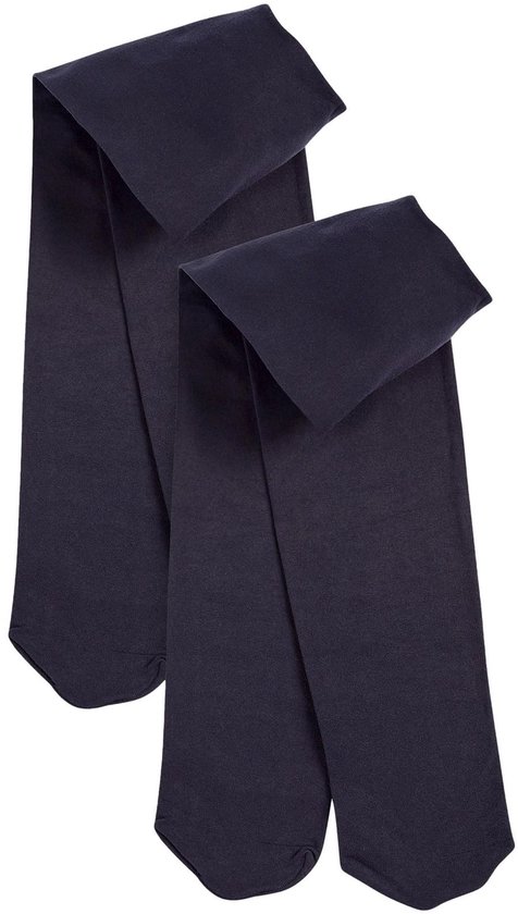Twee donkerblauwe panty's van 40 denier, naast elkaar opgevouwen op een witte achtergrond.