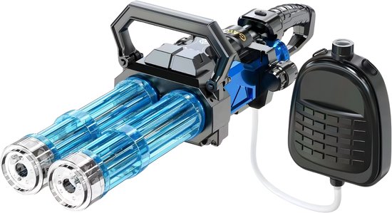 Zwart en blauw elektrisch waterpistool met dubbele lopen, een handvat en een externe batterij met slang.