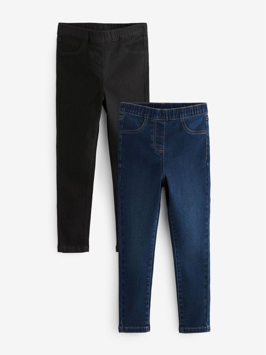 Een donkerblauwe en een zwarte jegging naast elkaar, met de voorkant naar de kijker.