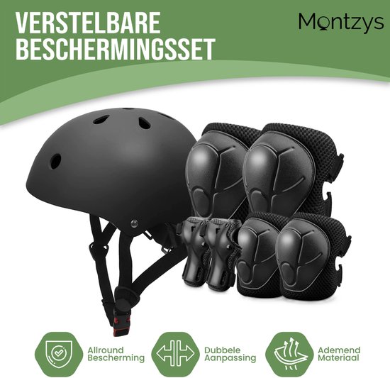 Zwarte helm en beschermingsset met knie-, elleboog- en polsbeschermers. Verstelbaar en ademend.