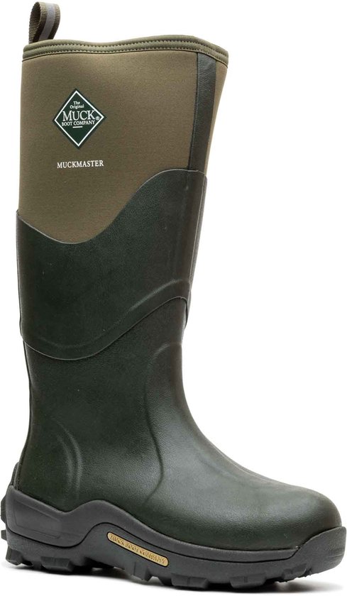 Groene Muck Boot Muckmaster laars met logo en gele accenten.