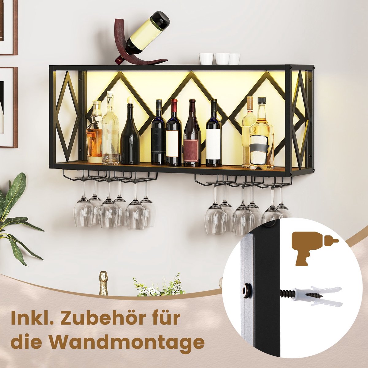 COSTWAY Wijnrek voor aan de muur met ledverlichting, 2 niveaus flessenrek hout met metalen frame, met 6 rijen wijnglashouder, industrieel design, ideaal voor thuis, bar, keuken en restaurant — cadeau in Wonen & Interieur - foto 5