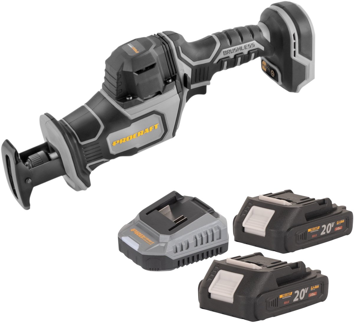 Procraft Industrial RS20Abb Recipro zaag 20 V Brushless + 2x accu 2,0 Ah + oplader