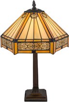 Een Tiffany tafellamp met een achthoekige, geel-oranje lampenkap met geometrische patronen en zwarte details. De lamp heeft een donkere metalen voet en staander.