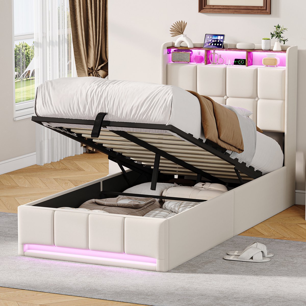 Solvenrik Opbergbed 90x200 Beige Linnen – met LED & USB-C