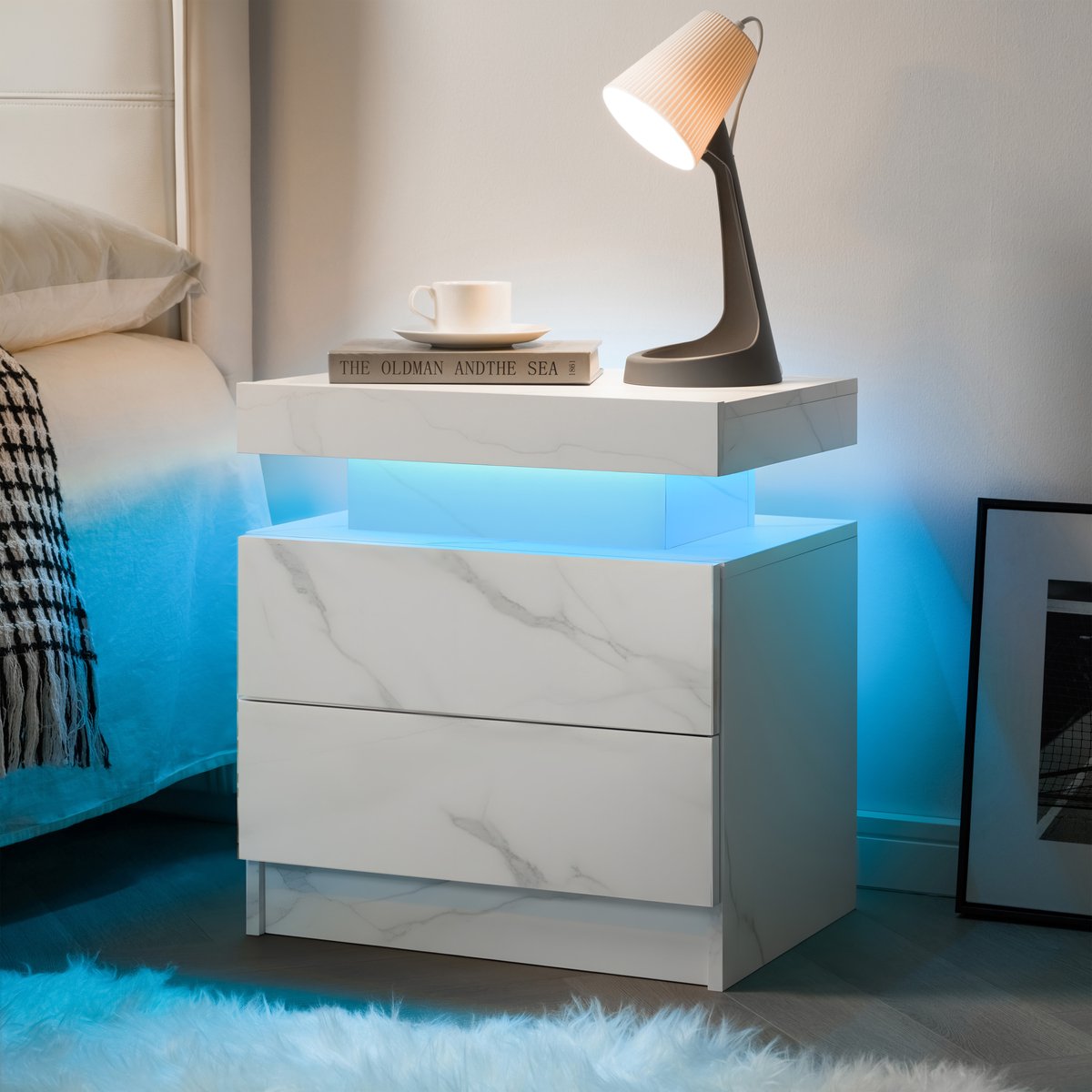 FloraGrace Nachtkastje - Verstelbare Ledverlichting Met 2 Laden - Voor Slaapkamer En Woonkamer - Hout - Mat Wit