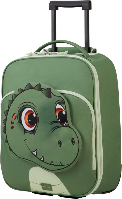 Groene kindertrolley met dino-opdruk, uittrekbaar handvat en wieltjes.