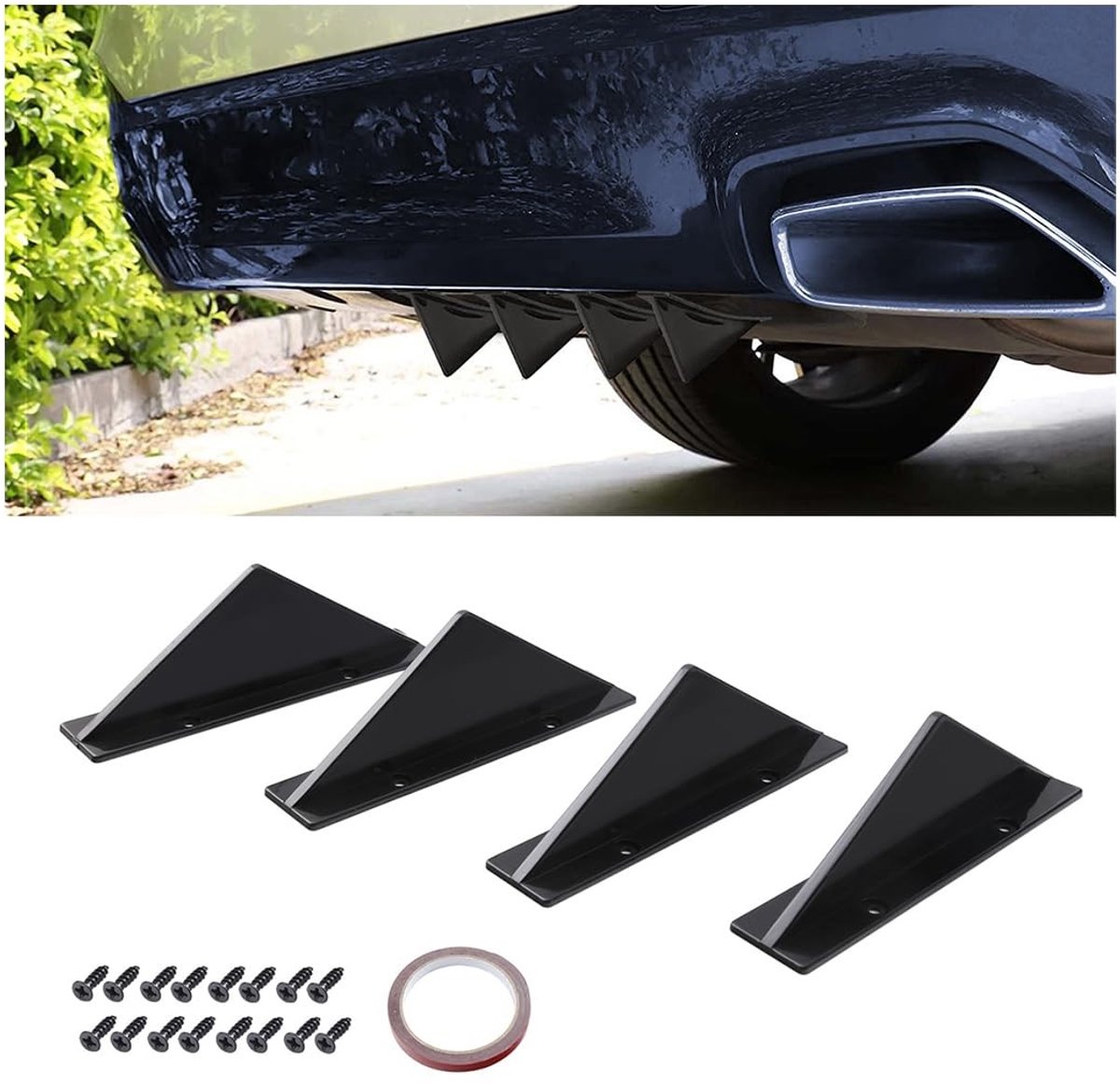 Allecto - Auto Diffuser Spoiler - Achterbumper Decoratie - Zwart - Chassis Haai Vin - 4 Stuks - Geschikt voor Universele Auto's