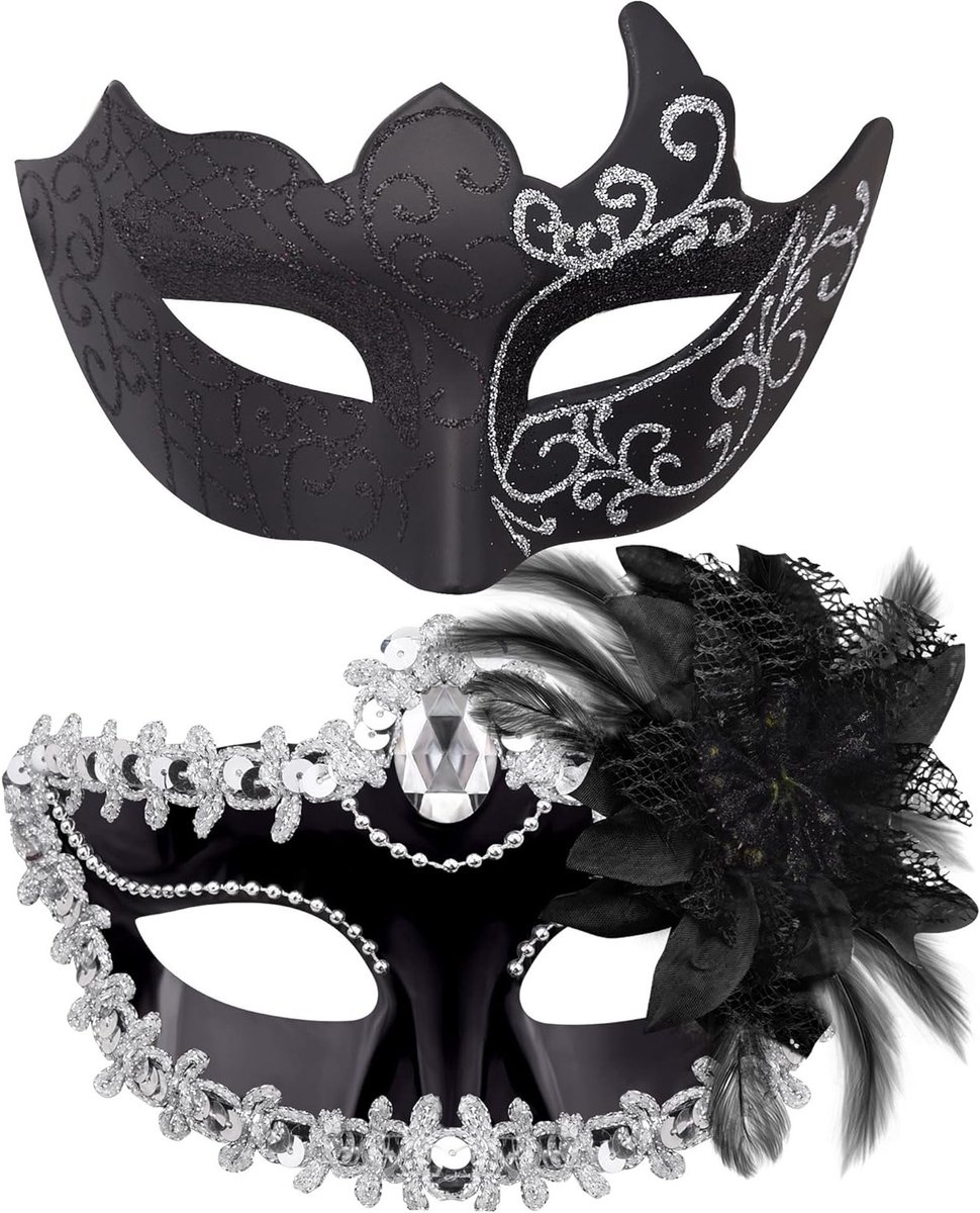 Elegante Venetiaanse Maskers voor Paartjes - Perfect voor Halloween en Carnavalsfeesten, Zwart en Zilver met Strass Versiering