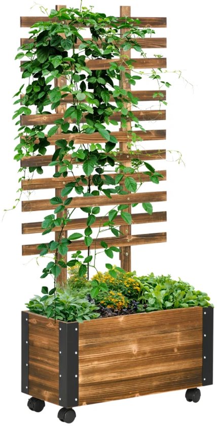 Foto: Plantenbak met klimrek 4 wielen verhoogd bloembak tuinrek tuinbed plantenrek voor bloemen fruit groenten kruiden behandeld massief hout 65 x 31 x 147 cm zwart bruin